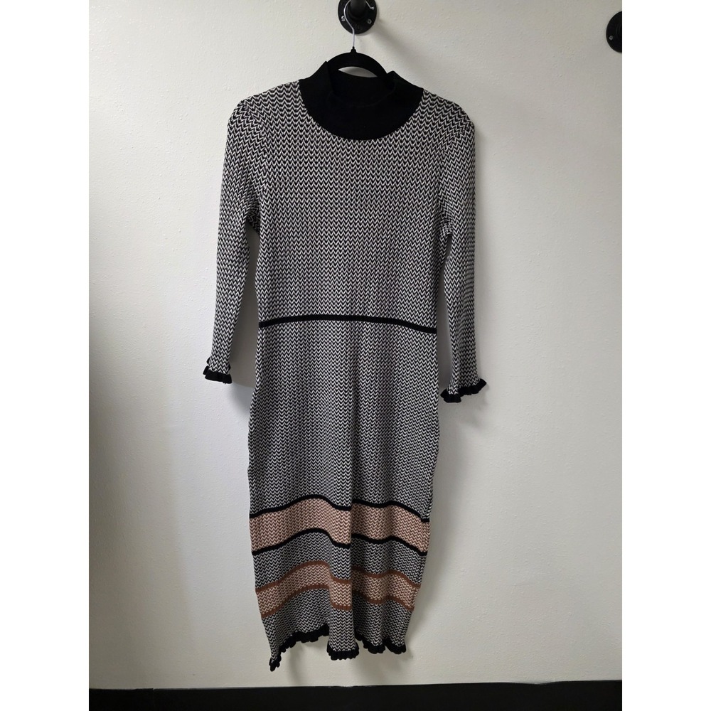Robbie Bee Midi Sheath Sweater Dress 3/4‎ sleeve Ruffle Trim Multicolored LG